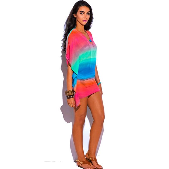 Resort Ombre Rainbow Tropical Bling Caftan Tunic Cover Up - Picture 2 of 9
